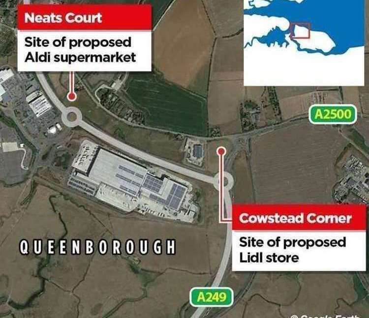 The location of the new Aldi at Neats Court and Lidl supermarket, near Cowstead Corner